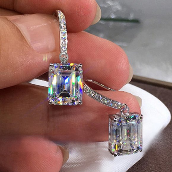 NEW Radiant Cut Diamond Drop Huggie Hoop Earrings - Picture 1 of 3